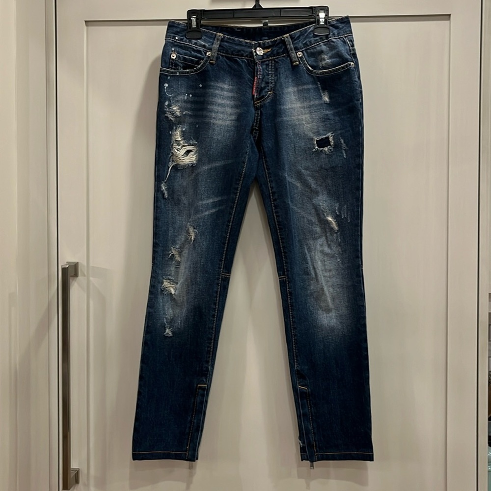 EUC blue denim Dsquared distressed low rise jeans made in Italy